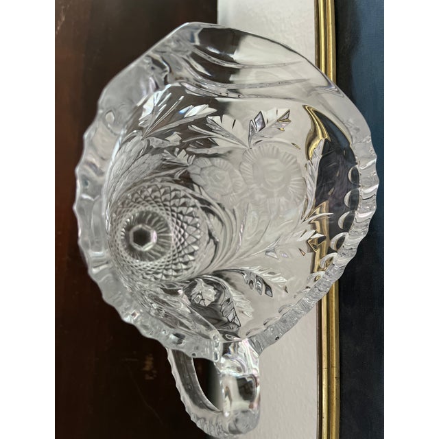 Vintage European Lead Crystal Pedestal Pitcher/Vase, With Frosted Floral Medallions. For Sale - Image 4 of 5