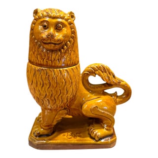 Signed 19th Century Glazed Terracotta Lion Covered Vessel For Sale