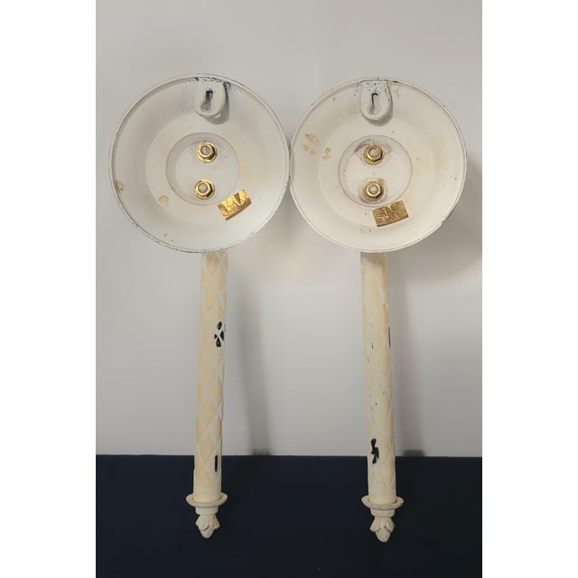 Cream Pair of Mid 20th Century Italian Hollywood Regency Cast Metal Palm Tree Toleware Candle Sconces For Sale - Image 8 of 8