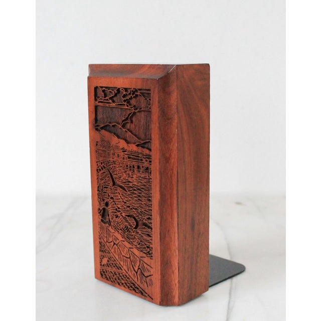 Vintage Lasercraft single walnut wood bookend with an Asian-themed laser-engraved design. Dated 1977. Features highly...