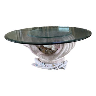A Unique Glass-Top Coffee Table Featuring a Sculptural Seashell Base Shaped Like an Open Clam 1960s For Sale