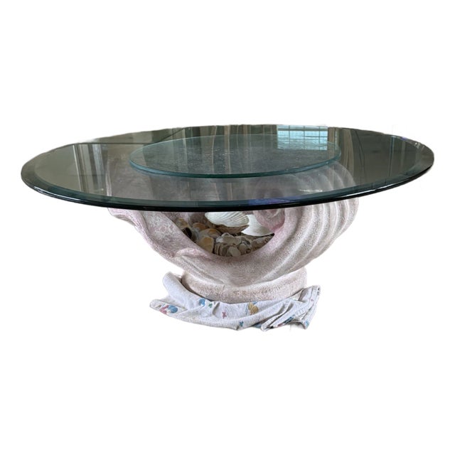 A Unique Glass-Top Coffee Table Featuring a Sculptural Seashell Base Shaped Like an Open Clam 1960s For Sale