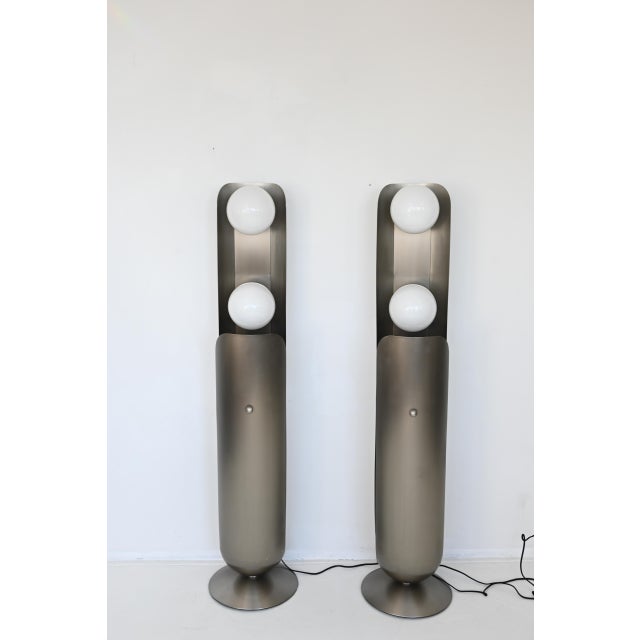 Chrome 1970s Postmodern Tall Bruched Stainless Steel Metal Double Glass Globe Floor Lamp - a Pair For Sale - Image 8 of 9