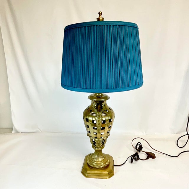 Vintage Art Deco Hollywood Regency Chippendale Winged Nike Greek Goddess Brass Table Lamp, New Pleated Shade For Sale - Image 10 of 14