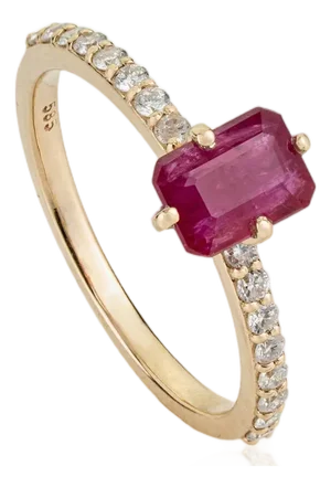 1.33ct Emerald Cut Ruby Solitaire Ring With Pave Diamonds in 14k Gold Size 4