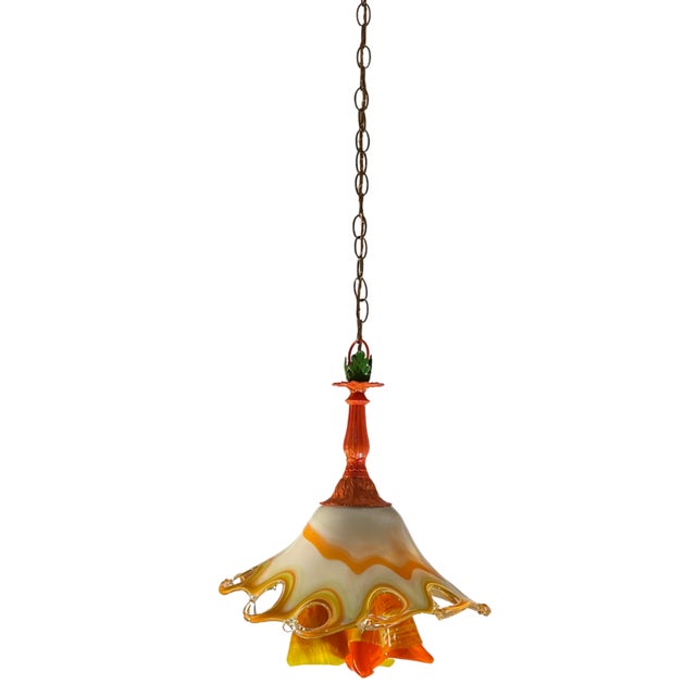 Mid 20th Century Murano Art Glass Looped Abstract Orange White Pendant Light For Sale - Image 5 of 18