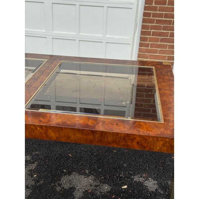 Milo Baughman 1970s Burl Wood and Brass Coffee Table With Glass Insets in the Style of Milo Baughman For Sale - Image 4 of 11