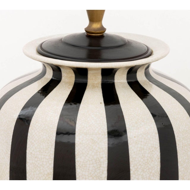 Modern Late 20th Century Modern Black and White Striped Crackle Glazed Porcelain Urn Mounted as Lamp For Sale - Image 3 of 6