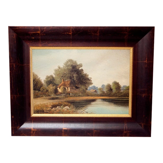 1930s English Impressionist Landscape Painting, Cottage by River For Sale