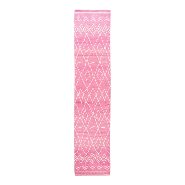 Contemporary Moroccan Style Handmade Pink Tribal Wool Runner For Sale