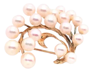 14 Karat Yellow Gold Freeform Brooch With Twenty Cultured Pearls