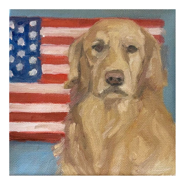 “Loyal and True “ an Original Oil Painting of a Patriotic Golden Retriever by Michelle Heimann. For Sale