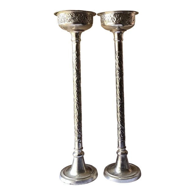 Vintage Pair of Silver Plate Church Altar Baptismal Holy Water Font, 31 1/4” For Sale