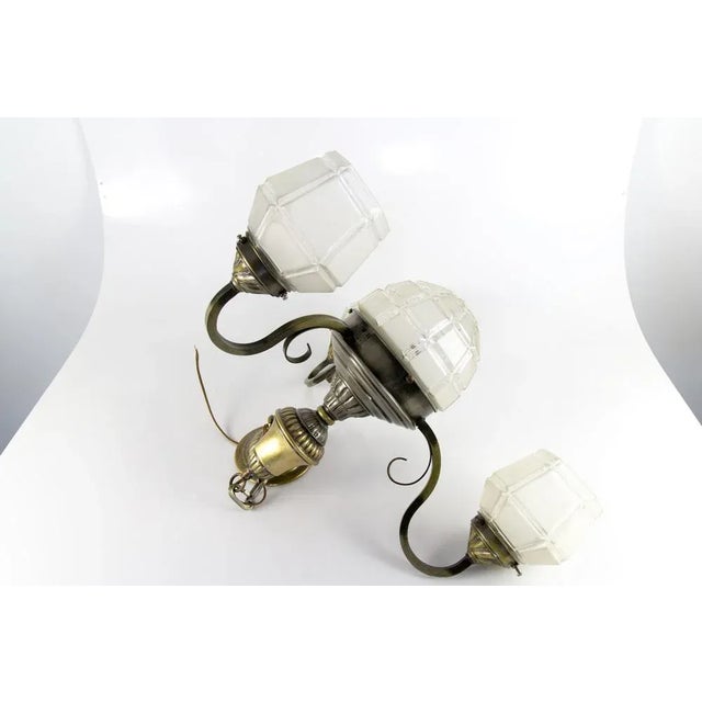Art Deco French Brass & Frosted Glass 4-Light Chandelier, 1920s For Sale - Image 14 of 18
