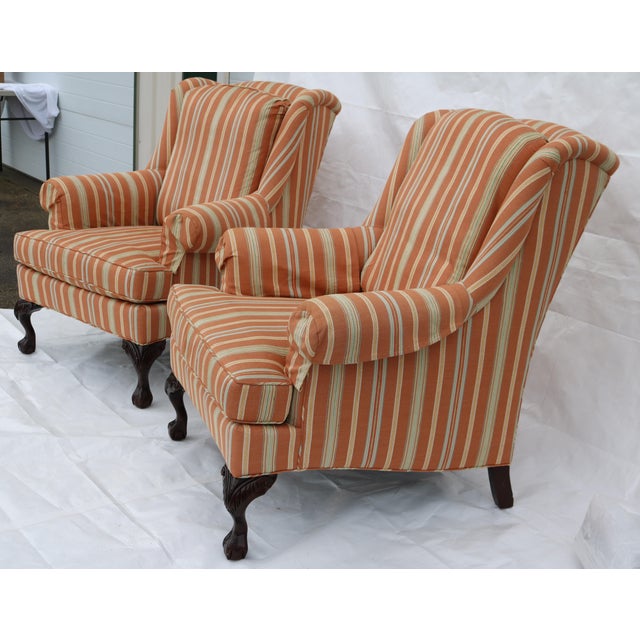 Queen Anne Jessica Charles Queen Anne Style Striped Wingback Chairs-a Pair For Sale - Image 3 of 9