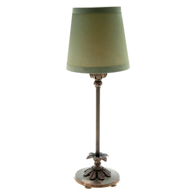 1930s Candlestick Table Lamp With RH Green Silk Shade For Sale In Los Angeles - Image 6 of 8