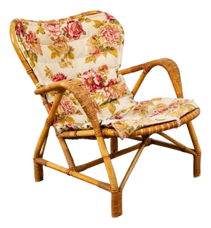 1960s Mid Century Modern Lounge Chair Floral Bamboo Boho Danish Basket Wrapped Weave