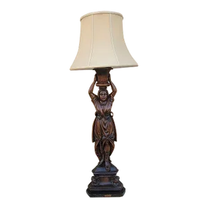 Antique Carved Walnut Figural Lamp With Shade