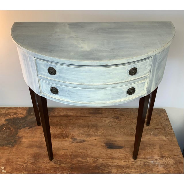 Very solid and well-made vintage narrow demilune side table with two shallow drawers. I originally prepped this piece with...