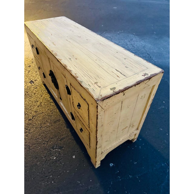 Mid 20th Century Asian Ming Style Distressed Butter Yellow Sideboard/Buffet For Sale - Image 9 of 10