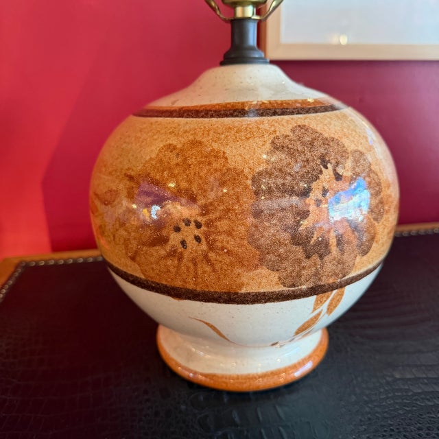 1970's Boho Chic Floral Ceramic Lamp With Original Shade For Sale - Image 9 of 11