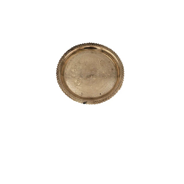 Moroccan Antique Round Etched Brass Moroccan Tray Table Top For Sale - Image 3 of 4