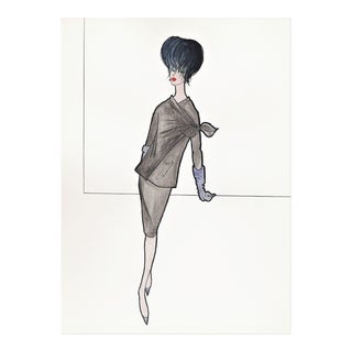 1950 Rare French Fashion Drawing in Gouache With Documentation, Matted For Sale