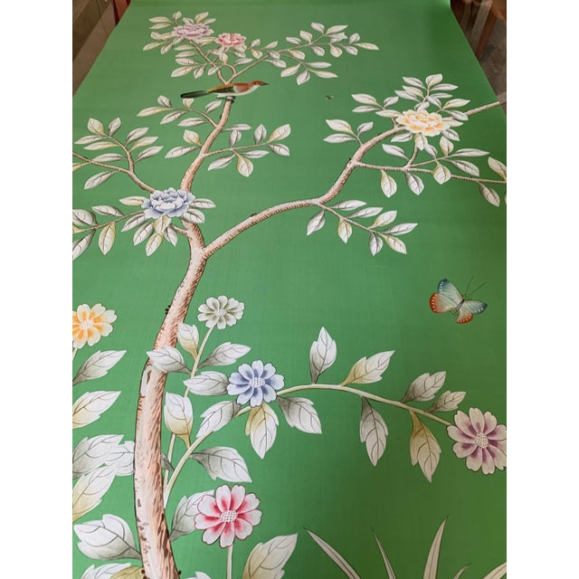 Chinoiserie Chinoiserie Tropical Forest Birds and Flowers on Emerald Dyed Silk Wallpaper Mural - Set of 5 For Sale - Image 3 of 12