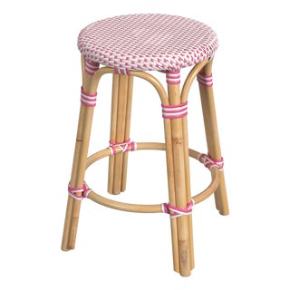 Tobias 24 in. Seat Height Round Rattan Backless Counter Stool, White/Pink Dot/ Natural Rattan Frame For Sale