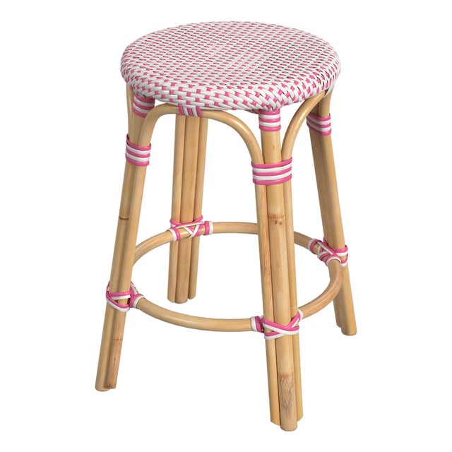 Tobias 24 in. Seat Height Round Rattan Backless Counter Stool, White/Pink Dot/ Natural Rattan Frame For Sale