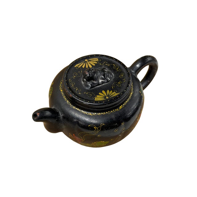 Black Oriental Zisha Clay Black Glaze Foo Dogs Lions Graphic Display Art Teapot For Sale - Image 8 of 10
