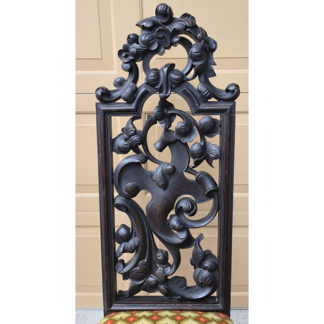 Pair of High Back 49" Side Chairs in Black Walnut Heavily Carved Black Forest Rococo Renaissance Revival For Sale - Image 10 of 17