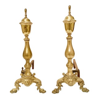 Pair Antique Brass & Cast Iron Lion Head Fireplace Andirons For Sale