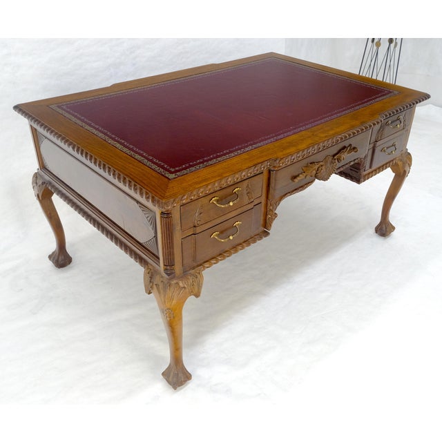 Carved Mahogany Leather Top Ball & Claw Writing Table Executive Desk MINT! For Sale - Image 6 of 18
