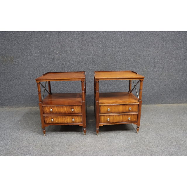Wood Pair of Ethan Allen Mahogany Bedside Tables With X-Form Supports For Sale - Image 7 of 13