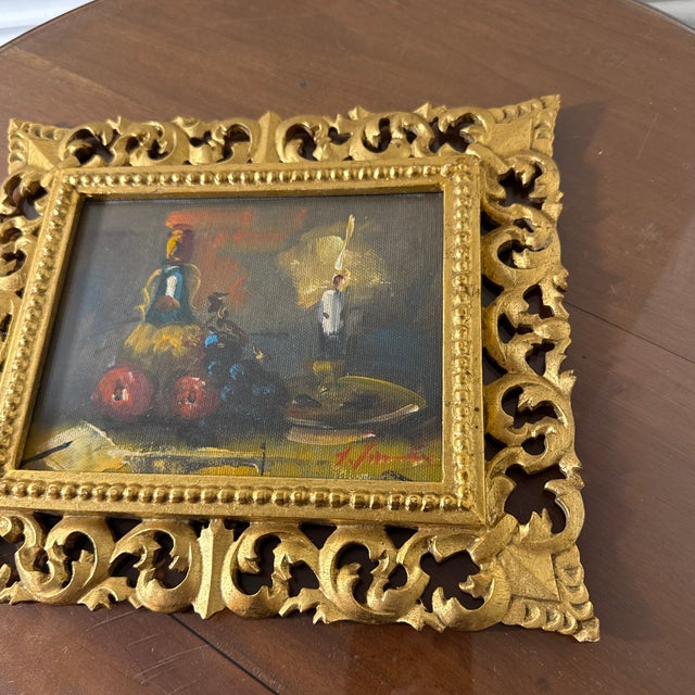 Yellow Vintage Italian Still Life Oil Painting Gold Ornate Frame Signed For Sale - Image 8 of 10