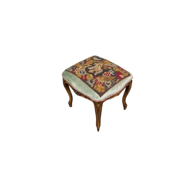 French 19th Century French Louis XV Style Carved Wood Needlepoint Footstool Ottoman Griffin Motif For Sale - Image 3 of 8