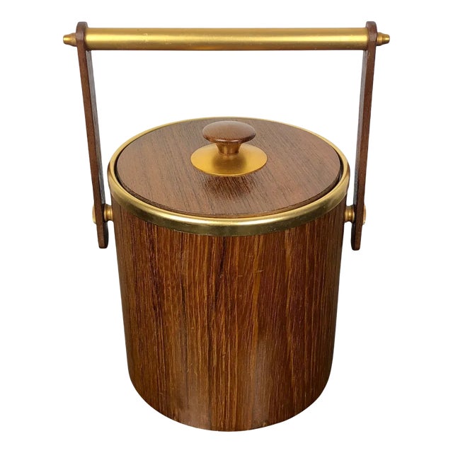 Gold Metal & Teak Ice Bucket Holder, Italy, 1960s For Sale