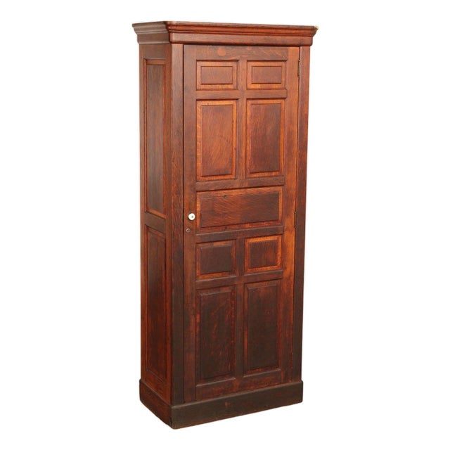 Antique Solid Oak Single Door Paneled Wardrobe For Sale