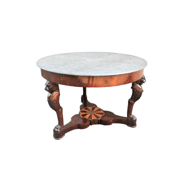Brown Antique Sicilian Empire Inlaid Wooden Table with Grey Marble Top For Sale - Image 8 of 8