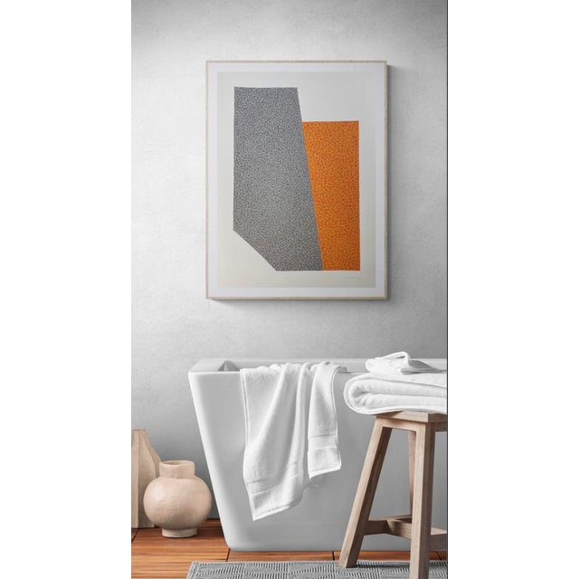 Add color and interest to your contemporary space. Here is an original painting with opposing geometric shapes filled with...
