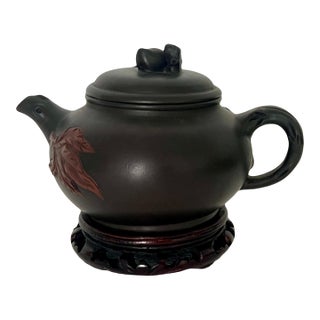 Mid 20th Century Lucky Peach Yixing Zisha Chinese Unglazed Red Leaf Tea Pot With Twig Handle on Carved Wood Stand For Sale