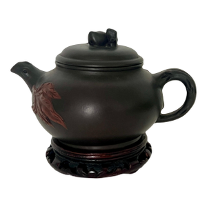 Mid 20th Century Lucky Peach Yixing Zisha Chinese Unglazed Red Leaf Tea Pot With Twig Handle on Carved Wood Stand