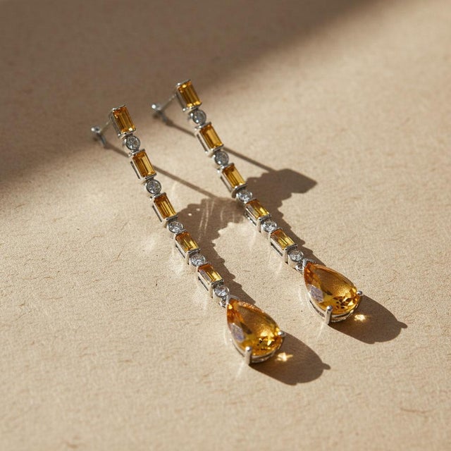 Citrine Long Drop Earrings, Silver, Gold, Pair For Sale - Image 4 of 7