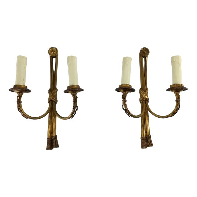 Vintage French Brass Wall Light with Candles, Set of 2 For Sale