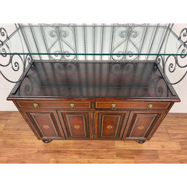Maitland - Smith Maitland Smith Neoclassical Leather Wrapped Base Ornate Ironwork Baker’s Rack For Sale - Image 4 of 12