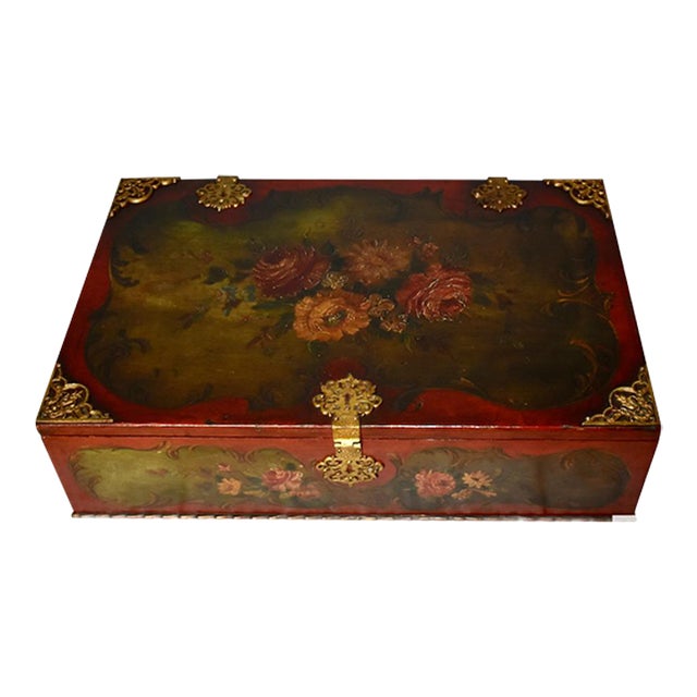 Antique Florentine Style Painted Box With Floral Details & Brass Fittings For Sale