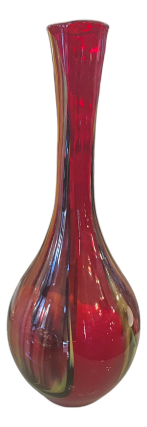 Red Murano Glass Vase with Green Vein
