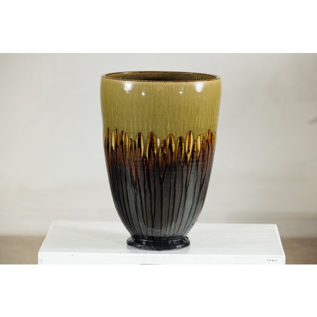 Late 20th Century Large Artisan Ceramic Planter with Olive and Brown Drip Glaze For Sale - Image 9 of 18