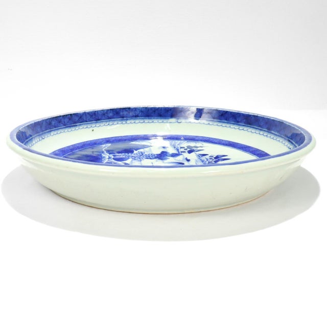 Blue Large Round Antique Blue & White Canton Pattern Chinese Export Porcelain Serving Bowl or Tray For Sale - Image 8 of 16
